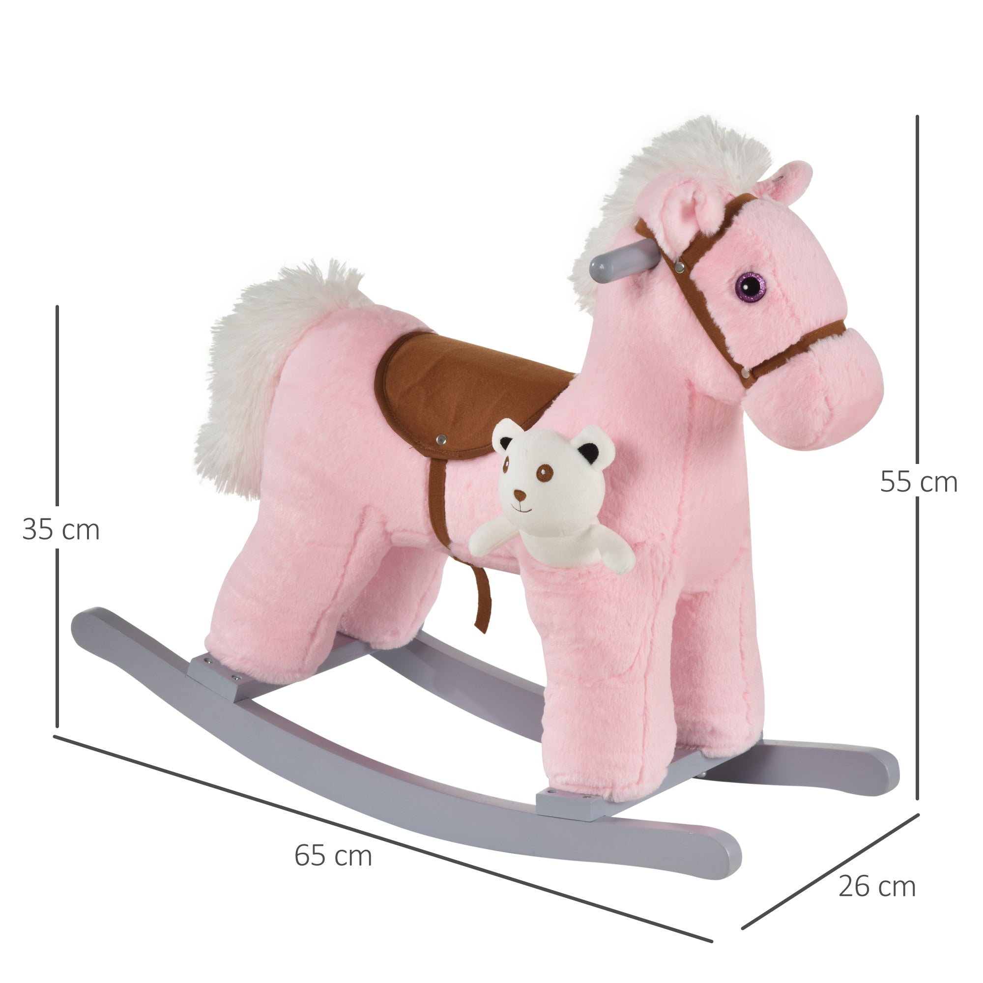 Pink plush rocking horse with white fur mane and tail brown saddle and bridle features sit comfortably and teddy bear