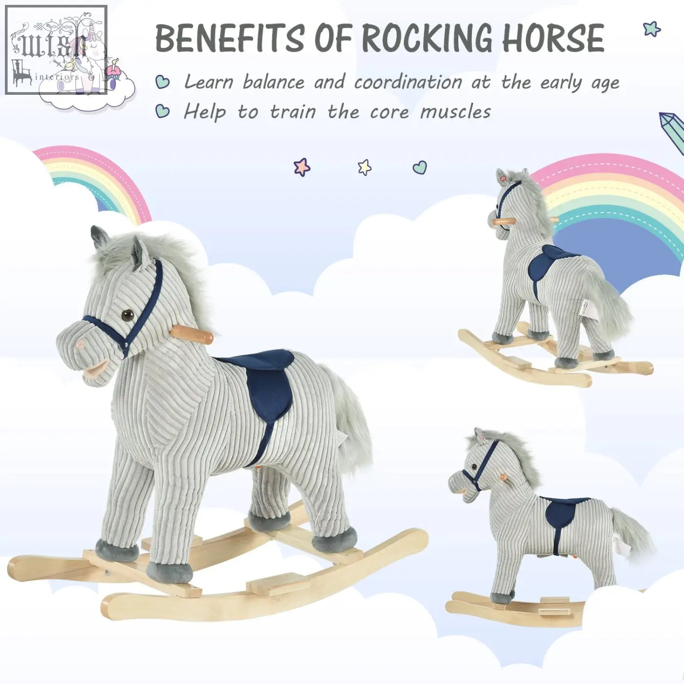 Gray corduroy plush rocking horse with navy saddle and bridle featuring galloping sounds for kids 3 to 6 years