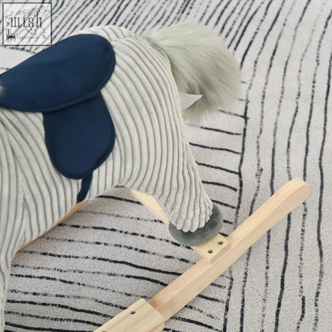 Homcom kids plush rocking horse in light gray corduroy with navy saddle and fluffy tail makes galloping sounds