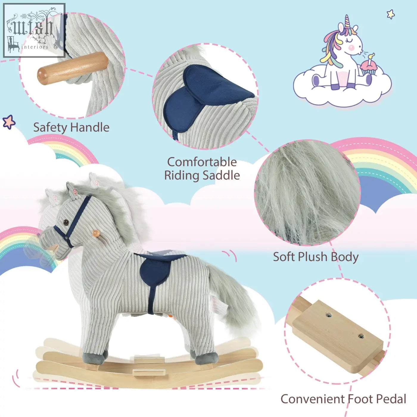 A plush rocking horse by HOMCOM with soft gray corduroy, navy saddle, wooden rockers, and galloping sounds for kids 3-6 years