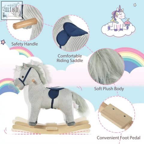 A plush rocking horse by HOMCOM with soft gray corduroy, navy saddle, wooden rockers, and galloping sounds for kids 3-6 years