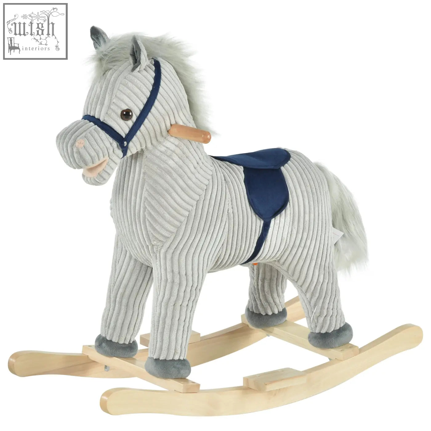 Gray corduroy plush rocking horse with navy saddle and galloping sounds on wooden base for kids 3 to 6 years