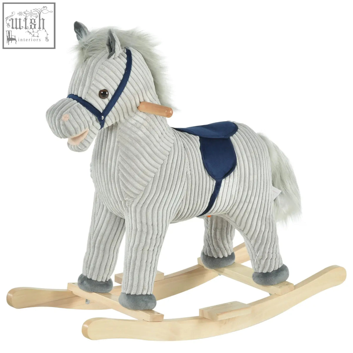 Gray corduroy plush rocking horse with navy saddle and galloping sounds on wooden base for kids 3 to 6 years