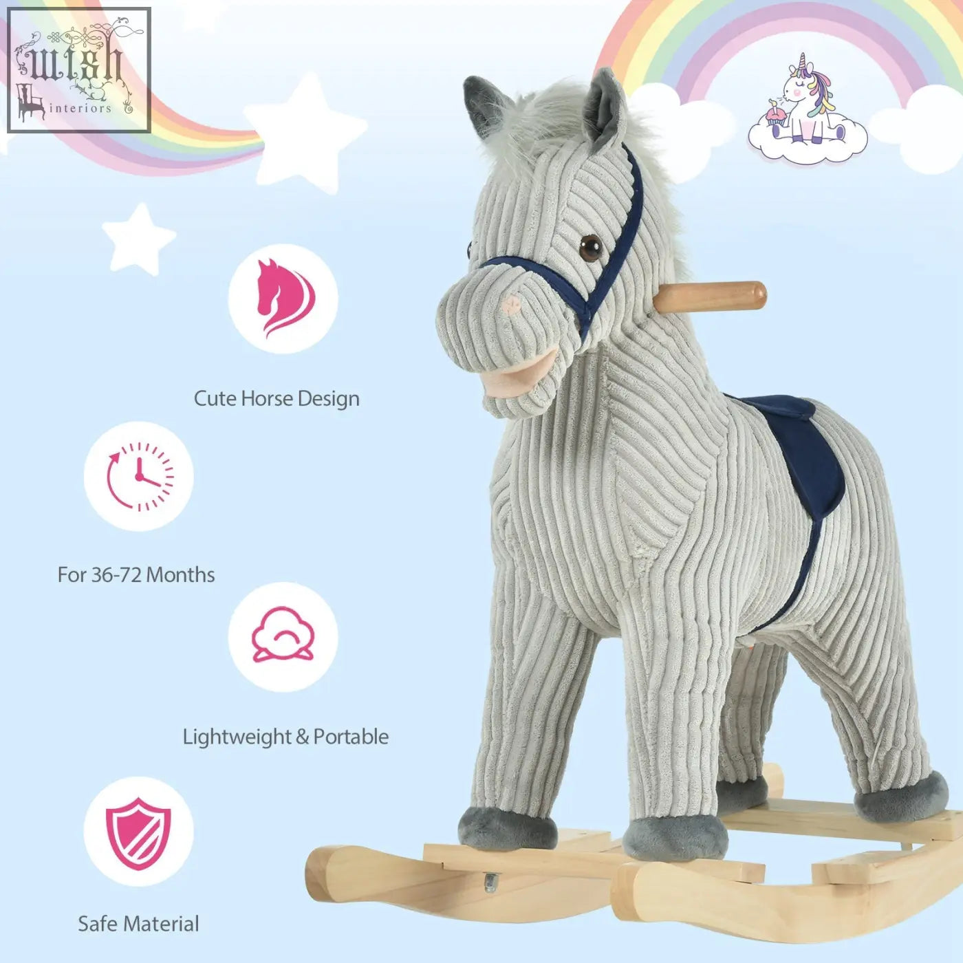 Grey homcom kids plush rocking horse with wooden handle and saddle navy blue accents and galloping sounds toy