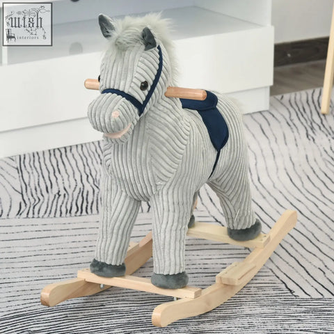 Gray corduroy plush rocking horse with navy harness and wooden base featuring galloping sounds for kids 3-6 years