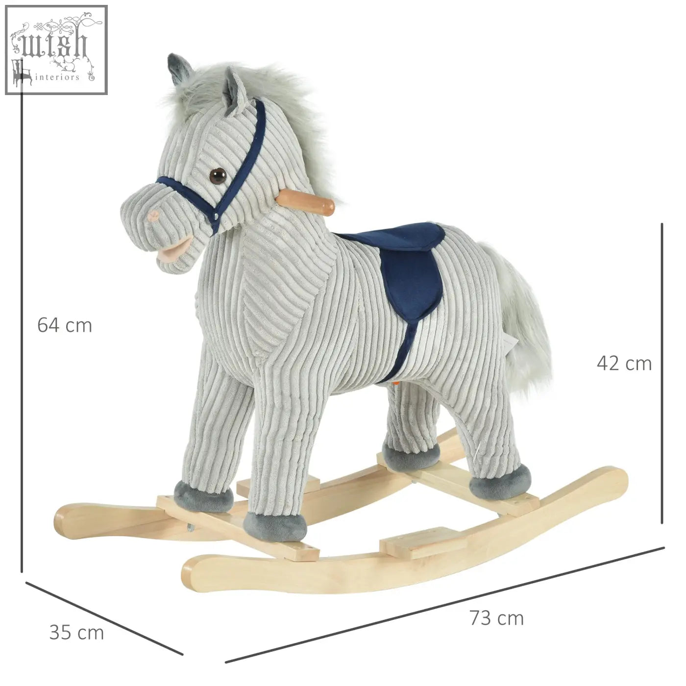 Homcom kids plush rocking horse in grey corduroy with navy accents and wooden base features galloping sounds