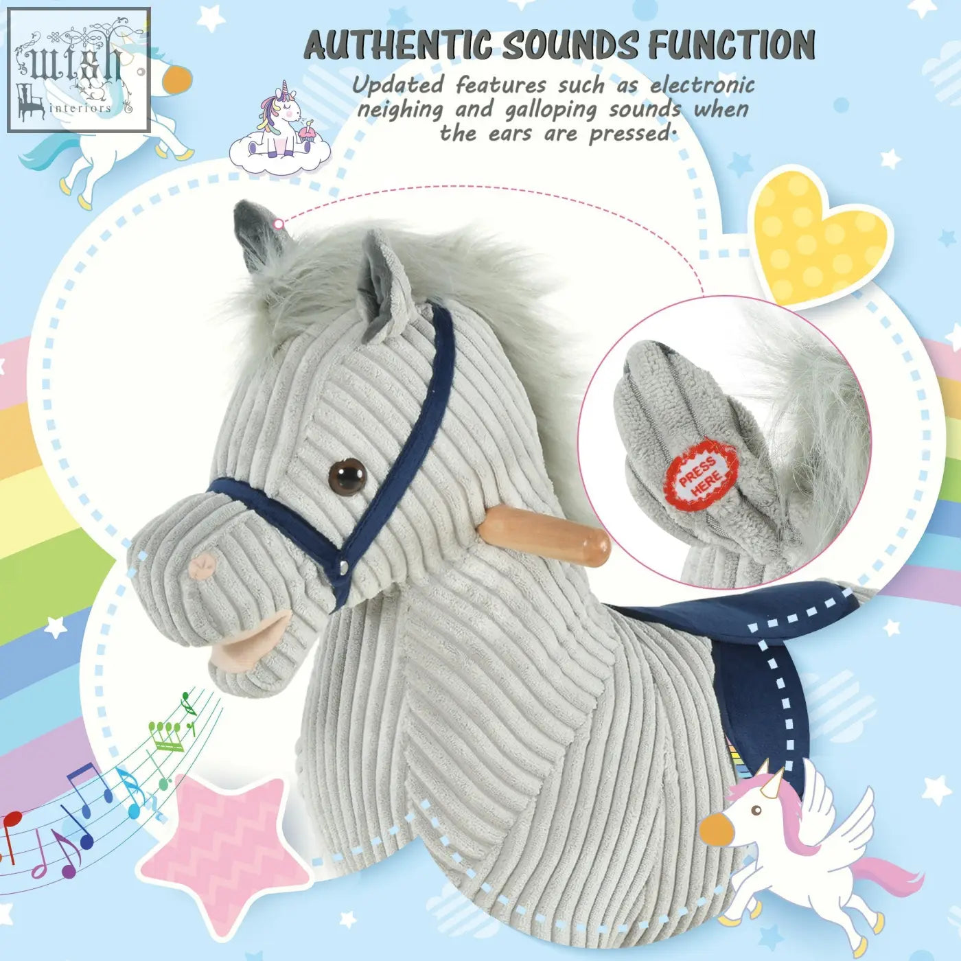Gray plush rocking horse with navy reins and wooden handle plays authentic galloping sounds for kids 3-6 years