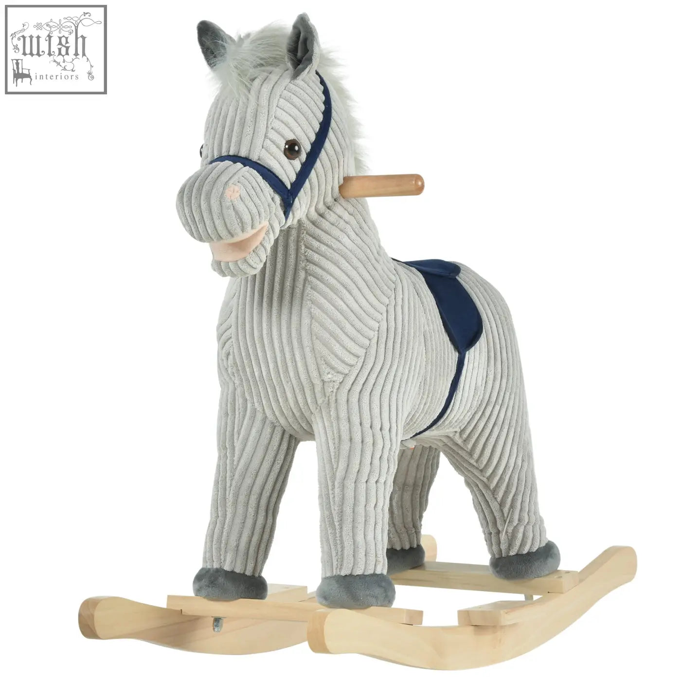 Gray corduroy plush rocking horse with navy saddle and wooden base featuring galloping sounds for kids 3-6 years