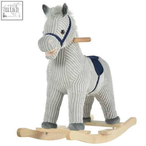 Gray corduroy plush rocking horse with navy saddle and wooden base featuring galloping sounds for kids 3-6 years