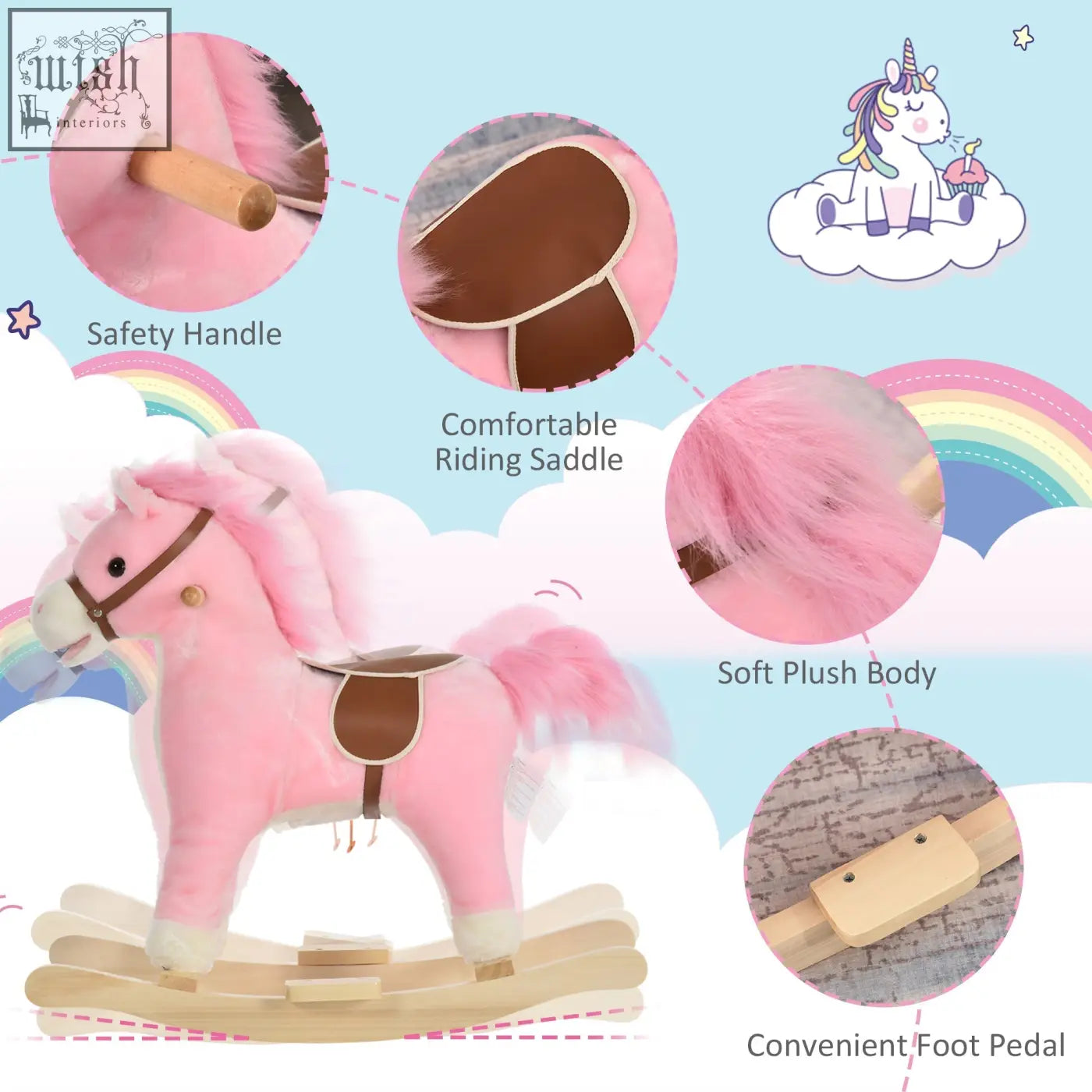 Pink plush rocking horse with flat seat ear button brown leather saddle and wooden base for kids 3-6 years