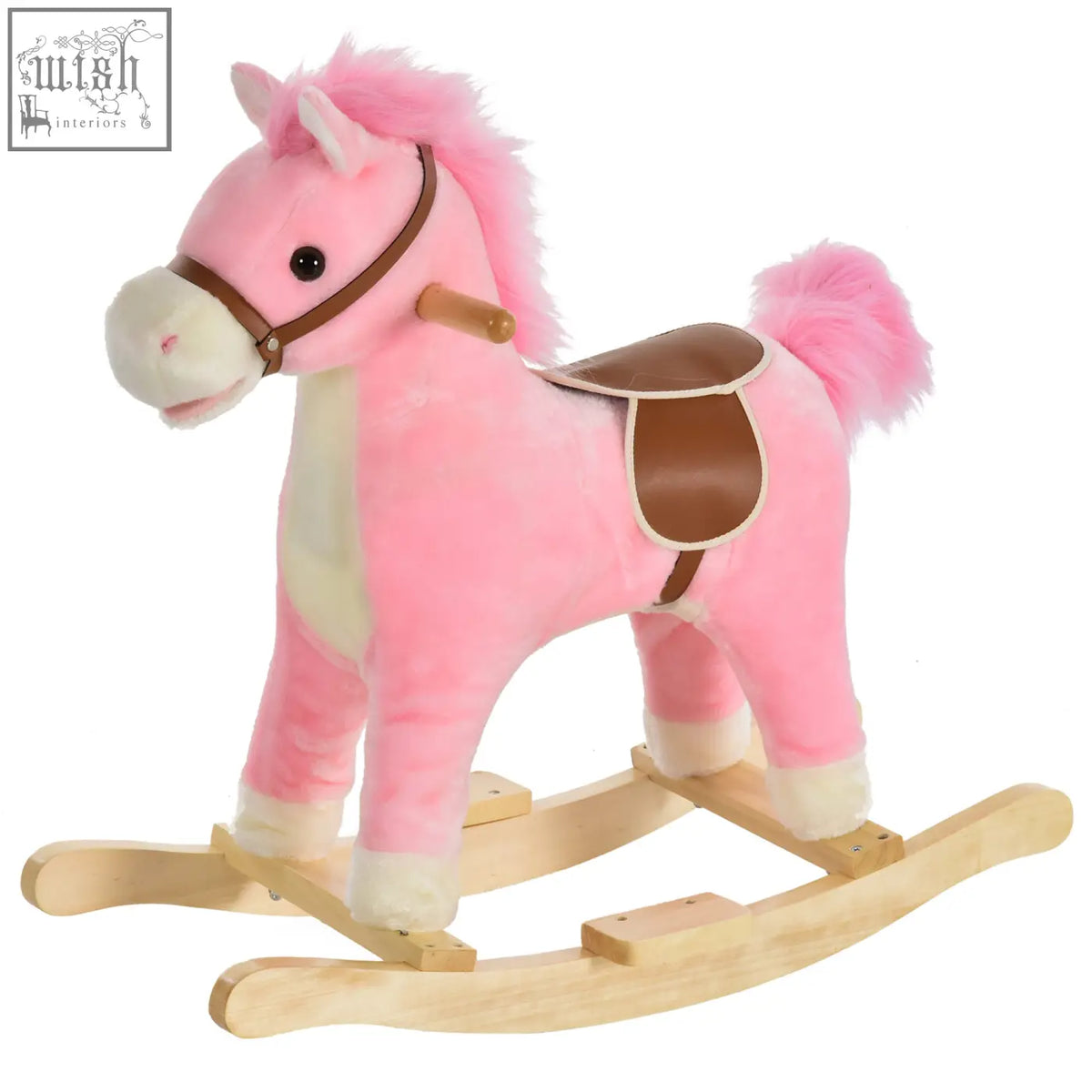 Pink homcom kids plush rocking horse with flat seat ear button, leather-like saddle, and wooden rockers for kids 3-6 years