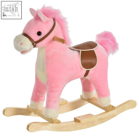 Pink homcom kids plush rocking horse with flat seat ear button, leather-like saddle, and wooden rockers for kids 3-6 years