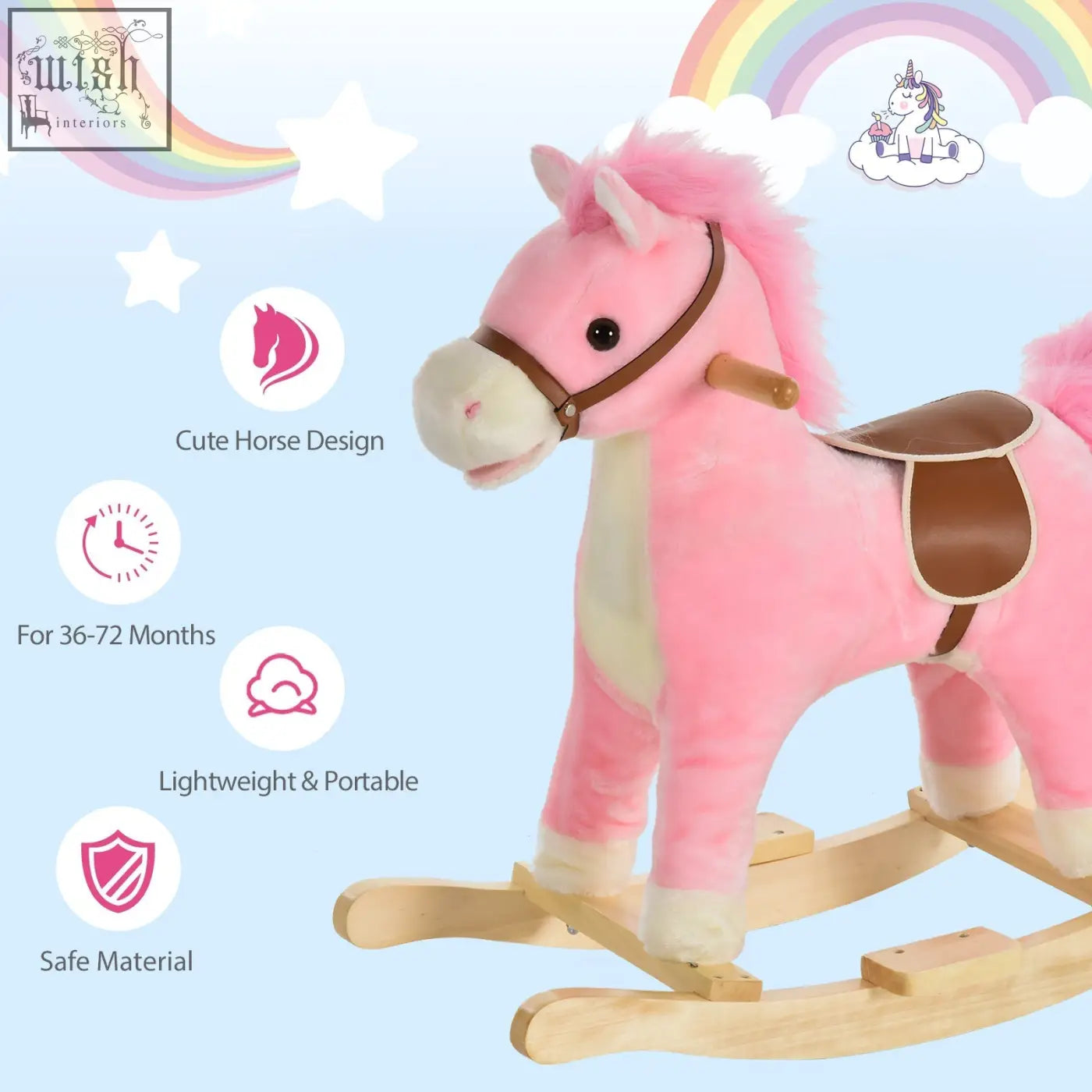 Pink plush rocking horse with brown leather saddle ear button flat seat wooden rockers kids ride on toy gift