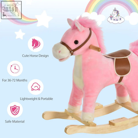Pink plush rocking horse with brown leather saddle ear button flat seat wooden rockers kids ride on toy gift
