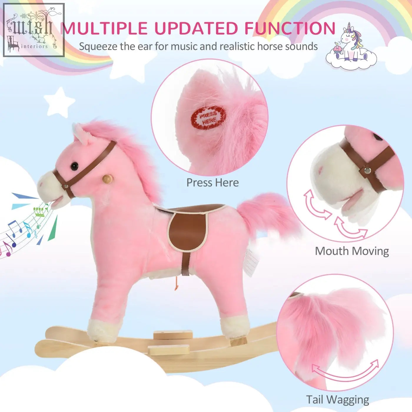 Pink plush rocking horse with brown leather-like saddle ear button flat seat and sound moving mouth for kids gift