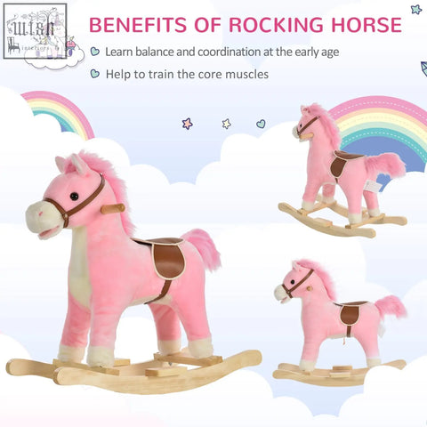 Pink plush rocking horse with brown saddle and ear button on light wood rocker base flat seat for kids 3-6 years