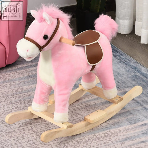 Pink plush rocking horse with flat seat ear button and brown leather saddle on wooden rocker base for kids gift