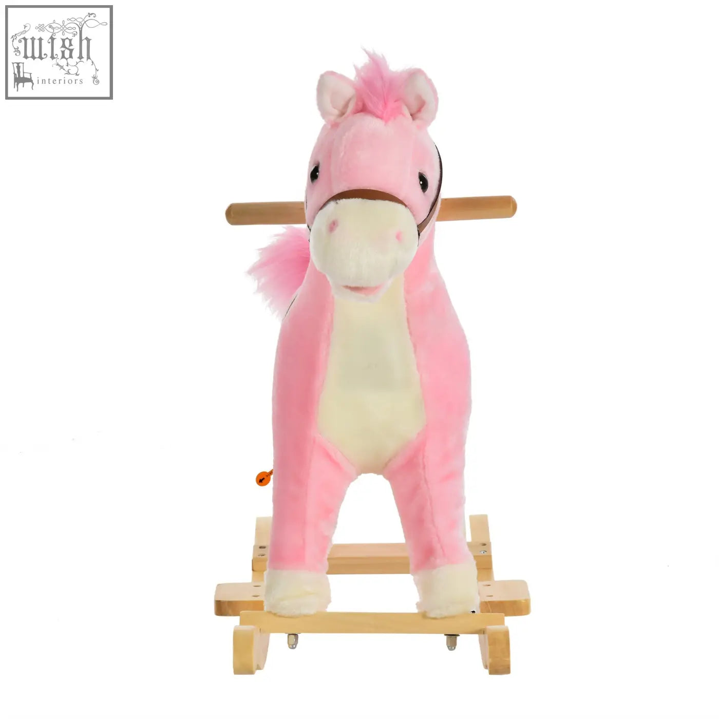 Pink plush rocking horse with wooden frame flat seat ear button and sound for kids 3 to 6 years old