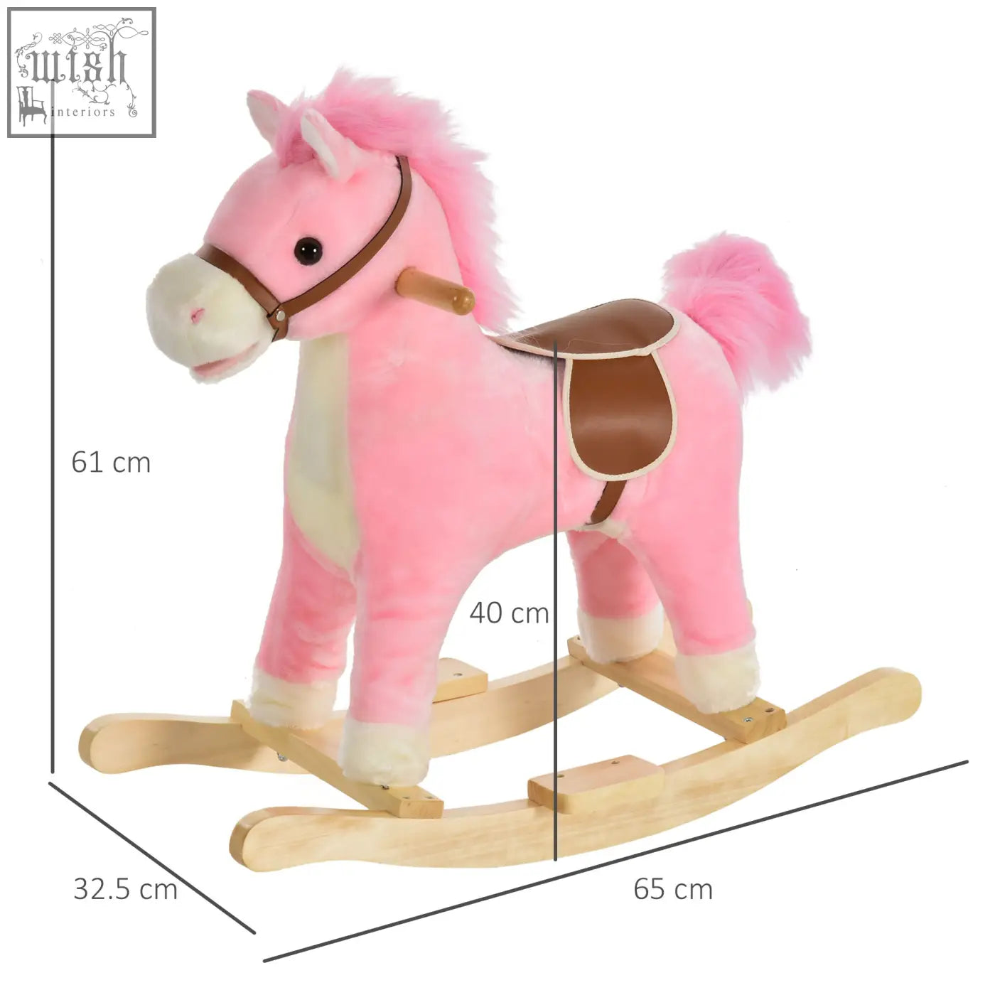 Pink plush rocking horse with flat seat brown leather saddle ear button wooden base kids rocker toy gift