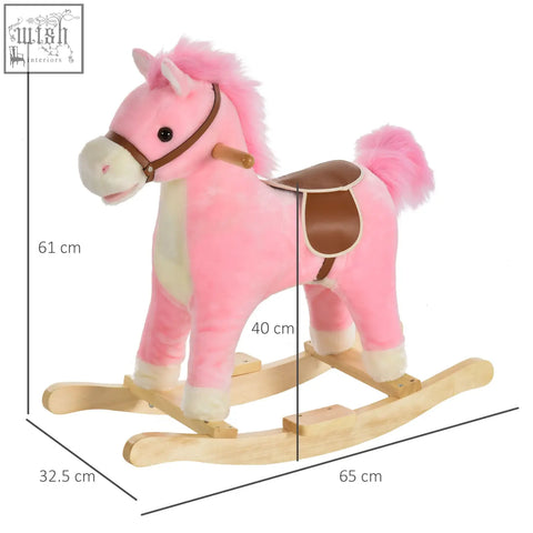 Pink plush rocking horse with flat seat brown leather saddle ear button wooden base kids rocker toy gift