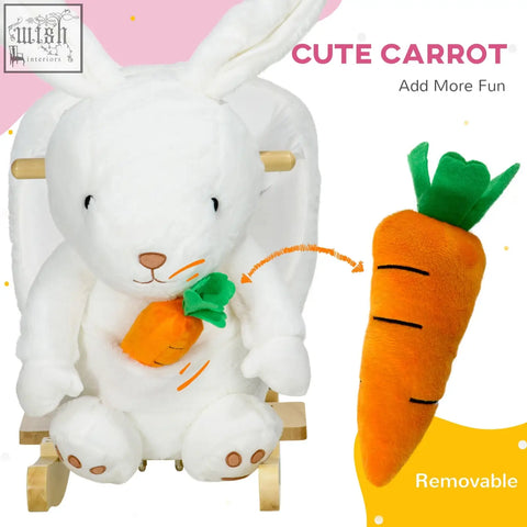 White HOMCOM kids rabbit-shaped rocking horse made of poplar wood with safety belt removable orange carrot and realistic sounds