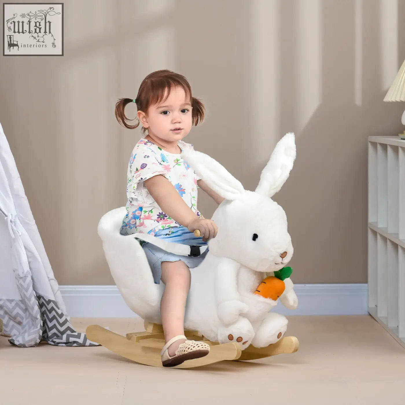 White plush homcom kids rabbit-shaped rocking horse with safety belt poplar wood base carrot and realistic sounds