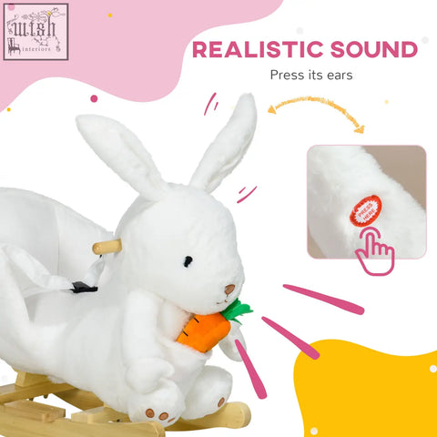 White plush rabbit rocking horse with poplar wood base, carrot accessory, safety belt, and realistic sounds for toddlers