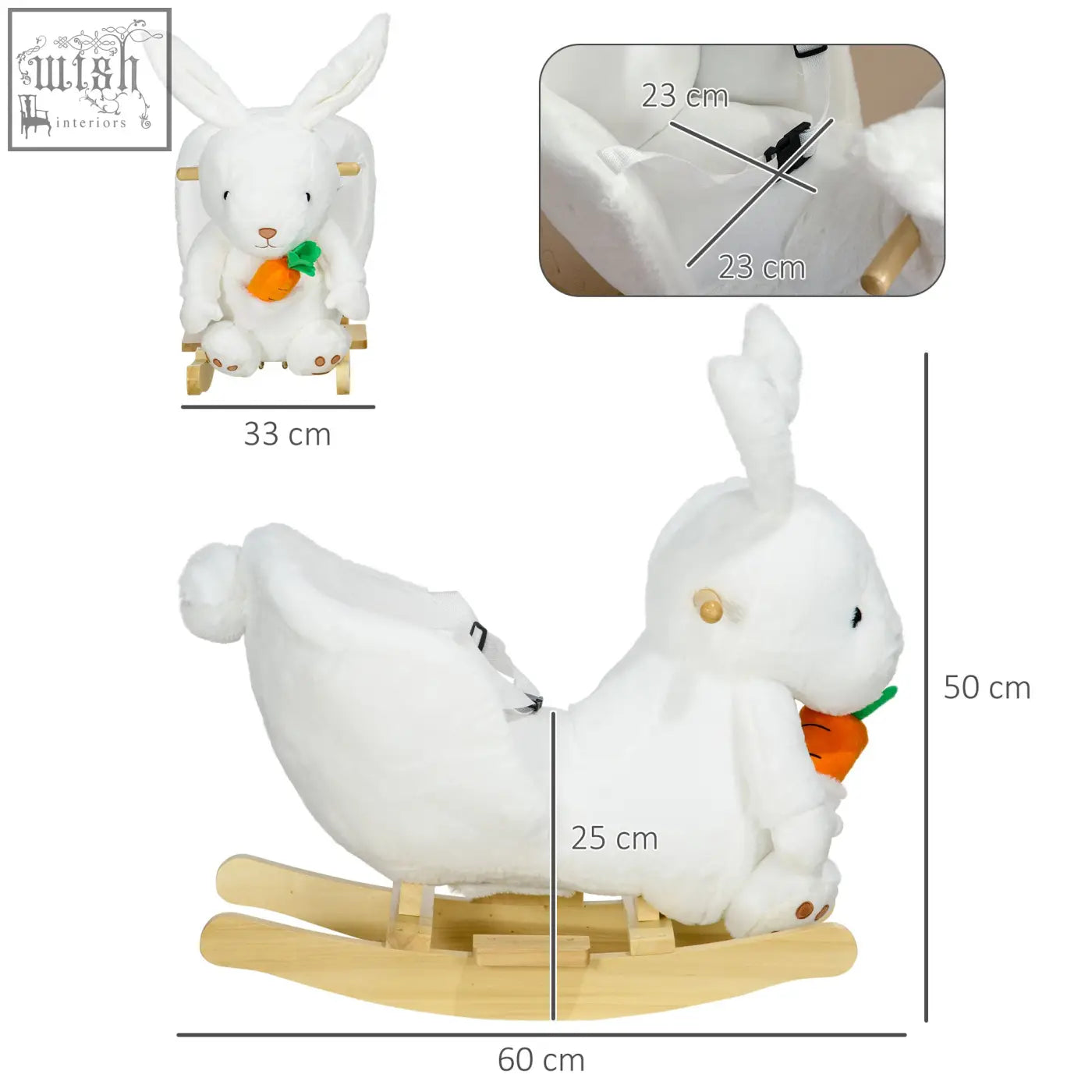 White homcom kids rabbit-shaped rocking horse with safety belt poplar wood base carrot accessory and realistic sounds