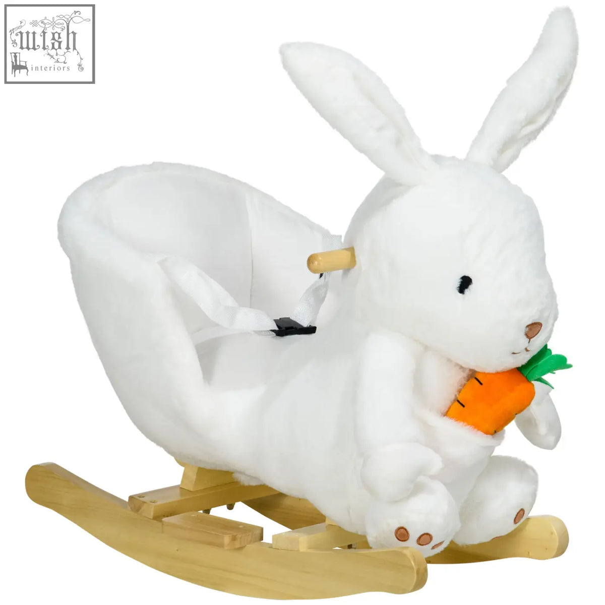 White plush HOMCOM kids rocking horse with poplar wood base and seat holding carrot with safety belt and realistic sounds