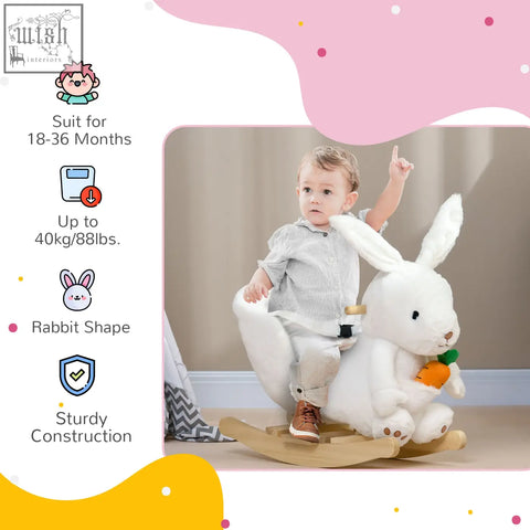 Homcom white rabbit-shaped rocking horse with poplar wood base, safety belt, carrot accessory, and realistic sounds for toddlers
