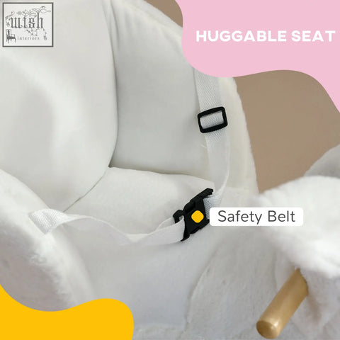 White plush rabbit-shaped rocking horse with black safety belt buckle and realistic sounds for toddlers