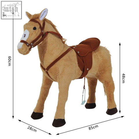 A plush tan standing horse toy by HOMCOM with brown saddle and bridle, lightweight frame great toy for kids 3 years and up