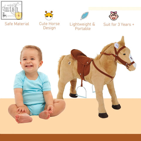 A plush tan homcom standing horse with brown saddle and black hoof tips great toy for kids 3 years and up
