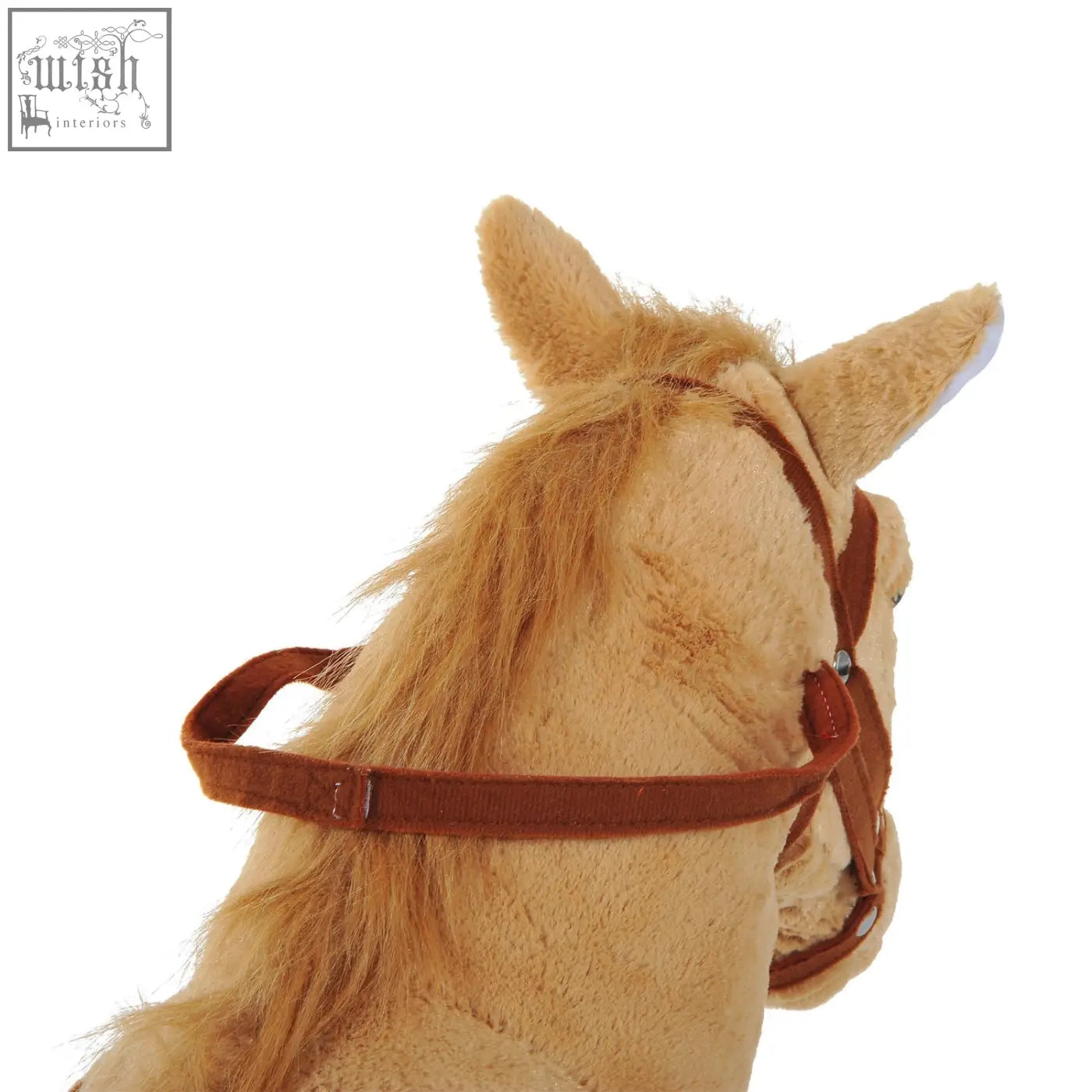 Tan plush standing horse with brown leather bridle lightweight frame great toy for kids 3 years and up
