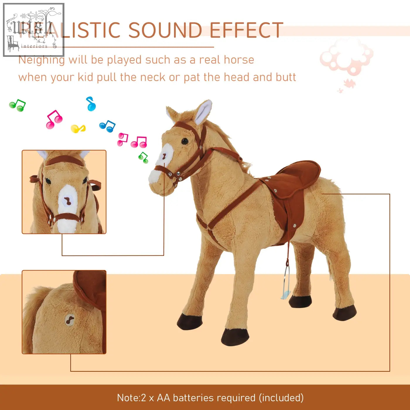 Tan plush standing horse with brown saddle and realistic neigh sound great toy for kids with lightweight frame