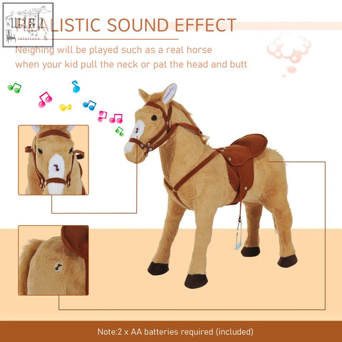 Tan plush standing horse with brown saddle and realistic neigh sound great toy for kids with lightweight frame