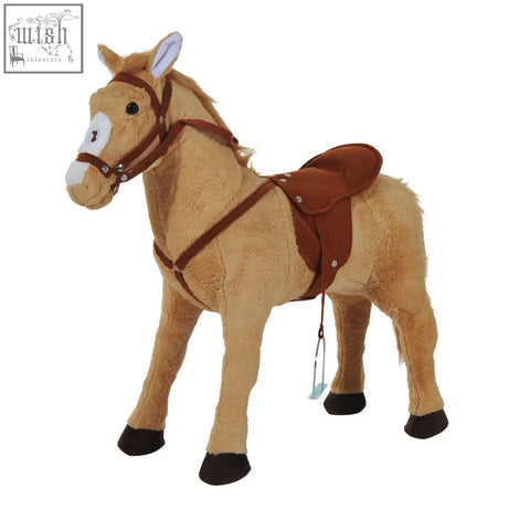 Tan plush standing horse toy with brown saddle and bridle, black hooves, silver stirrup, lightweight frame great toy for kids