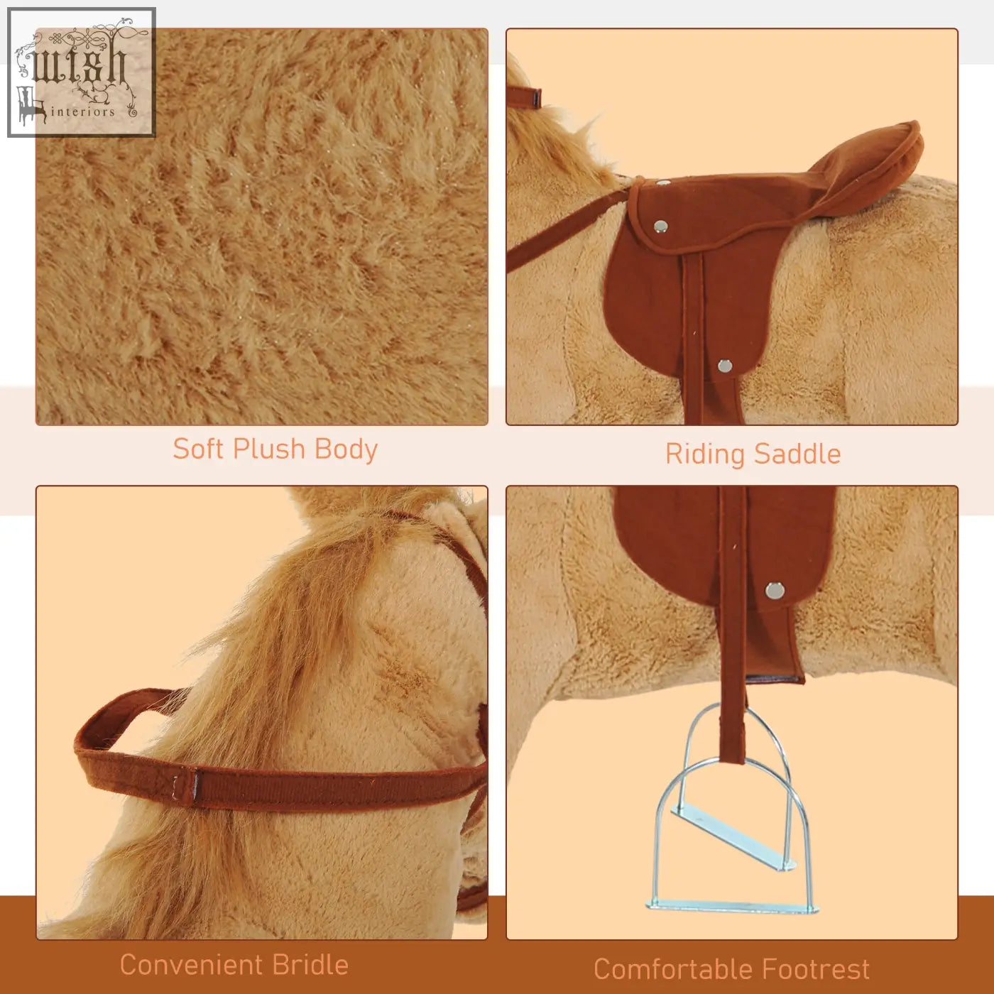 Tan plush standing horse with brown saddle and bridle lightweight frame great toy for kids 3 years and up
