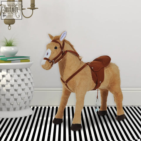 Tan plush standing horse toy with leather saddle and bridle lightweight frame great toy for kids 3 years and up