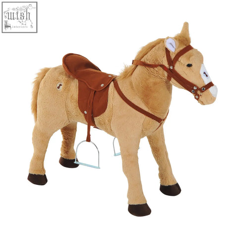 Tan plush standing horse with brown saddle and bridle white facial markings lightweight frame great toy for kids