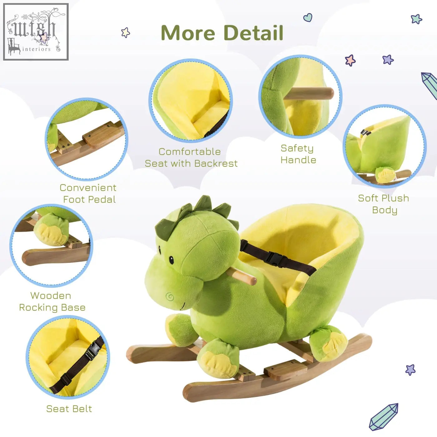Green plush kids rocking horse shaped like a dinosaur with yellow interior wooden base and safety belt