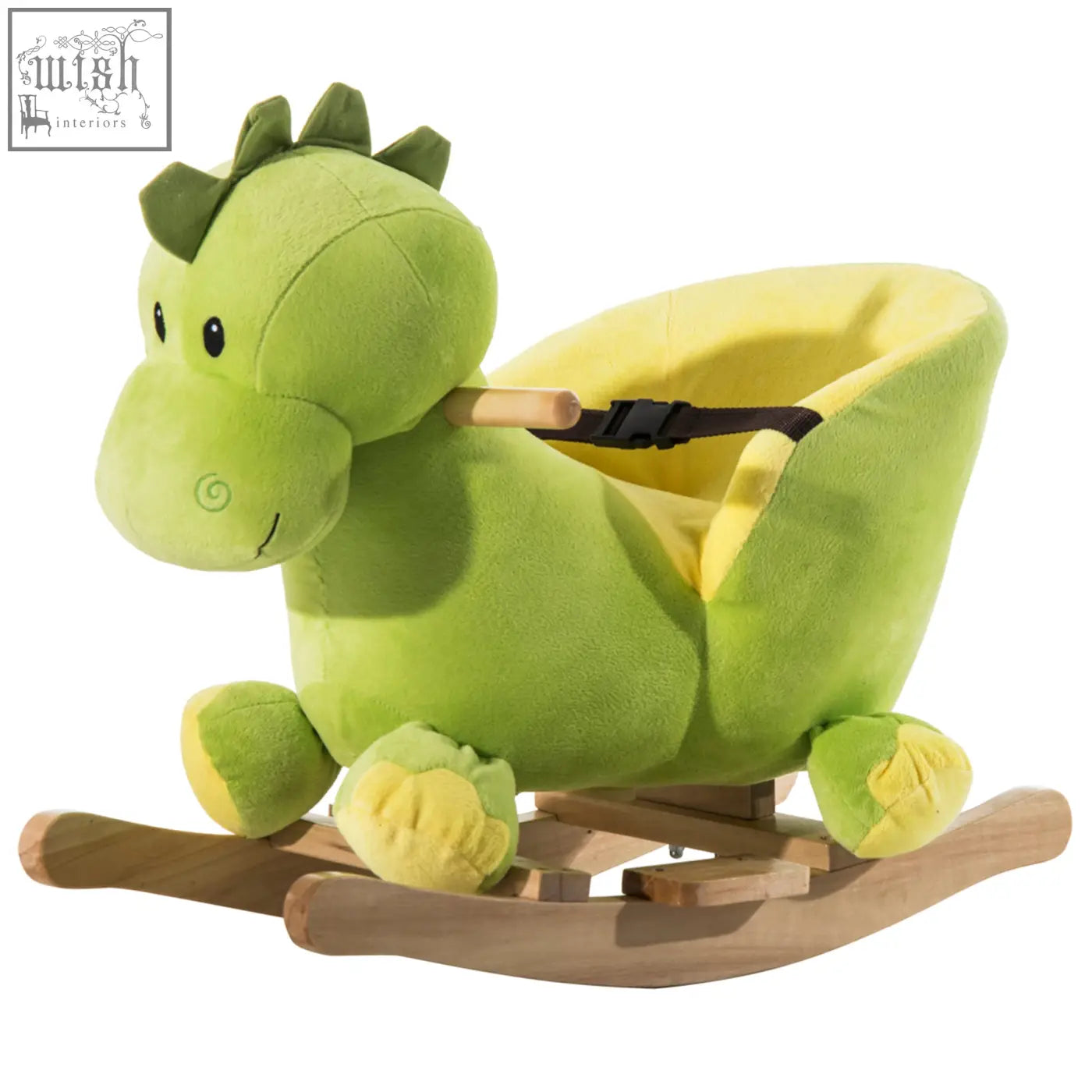 Homcom green plush dinosaur kids rocking horse with wooden base and safety belt featuring 32 songs ride-on seat