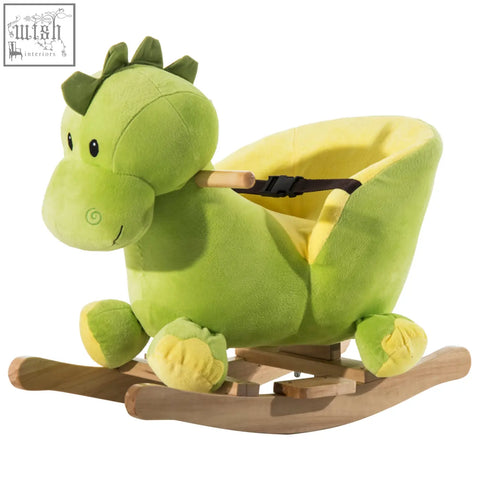 Homcom green plush dinosaur kids rocking horse with wooden base and safety belt featuring 32 songs ride-on seat