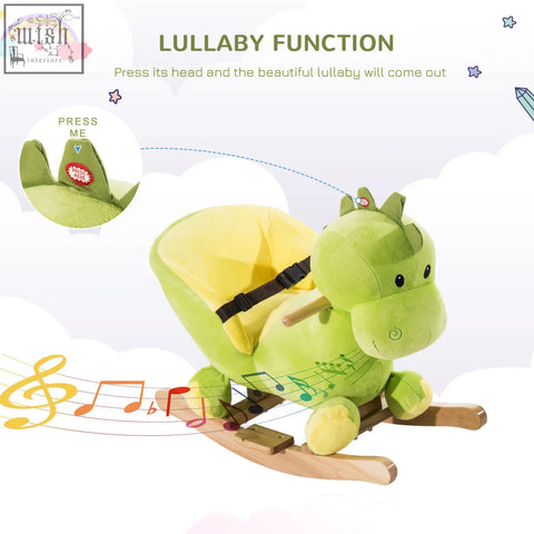 Green plush kids rocking horse shaped like a dinosaur with yellow seat safety belt and wooden rocker base by HOMCOM