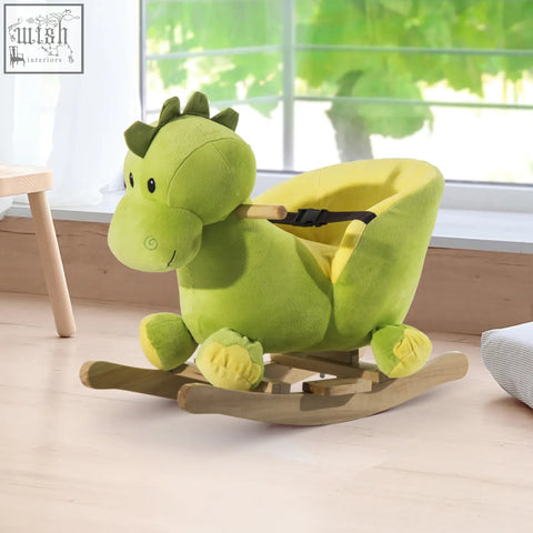 Green plush dinosaur kids rocking horse with yellow accents wooden rocker base and safety belt by HOMCOM