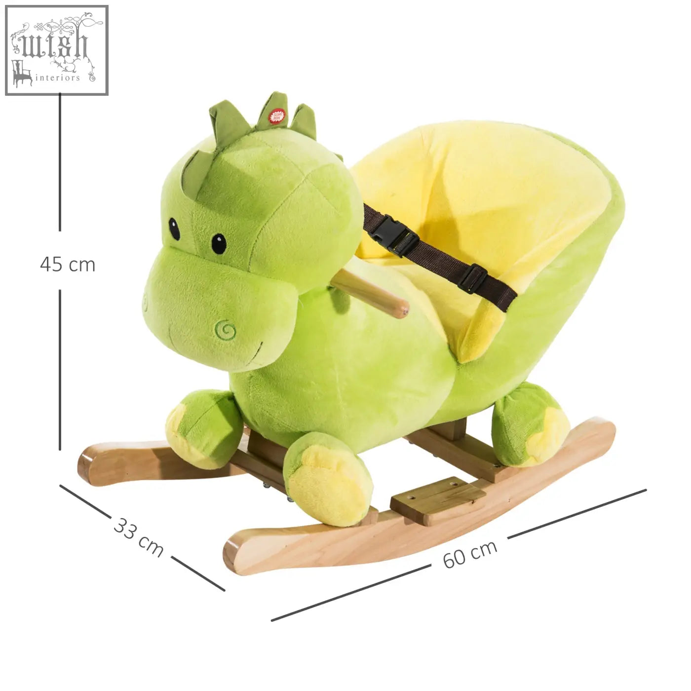 Green plush dinosaur kids rocking horse with yellow seat wooden rockers and safety belt by homcom