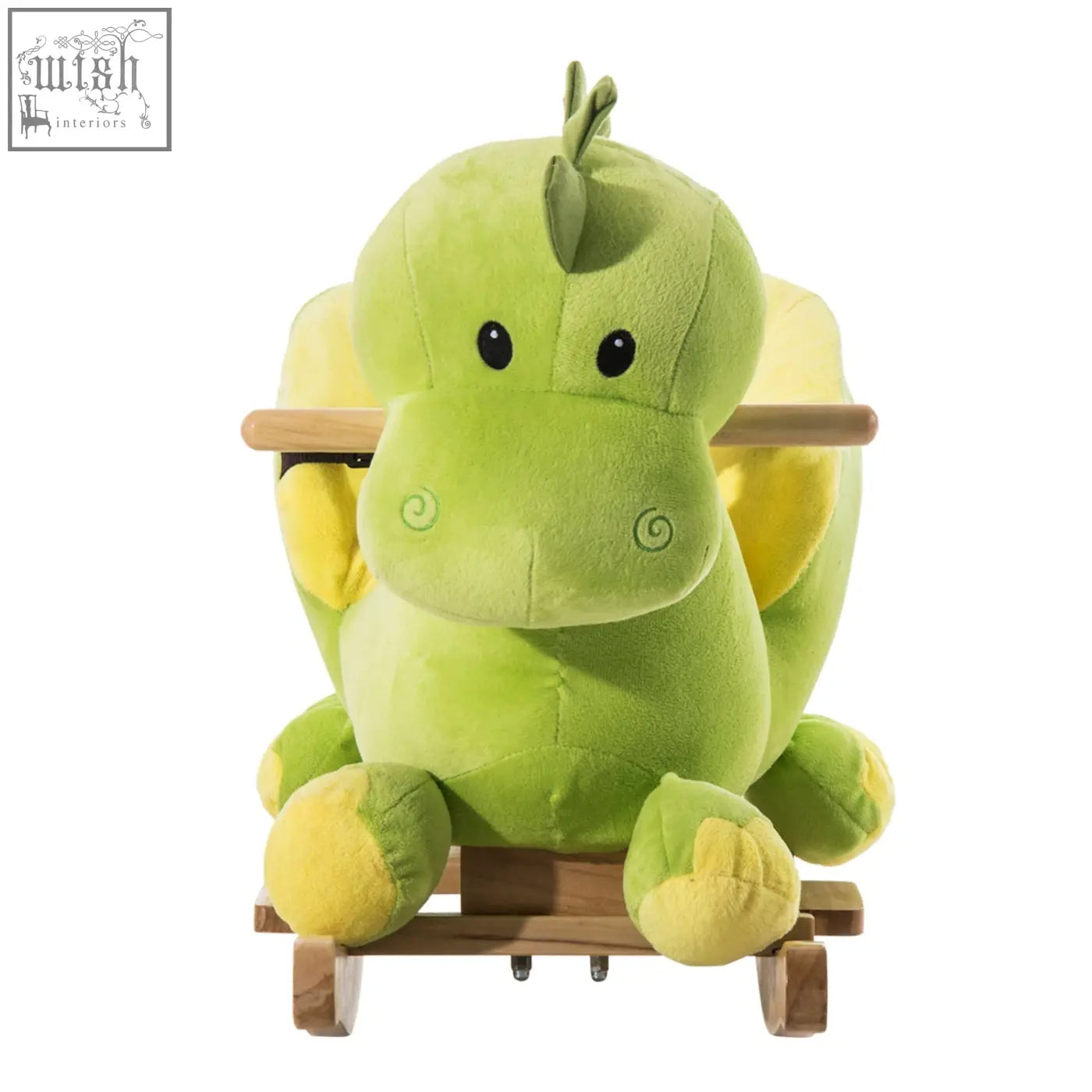 A plush green and yellow HOMCOM kids rocking horse dinosaur with wooden handles wheels and safety belt for riding fun