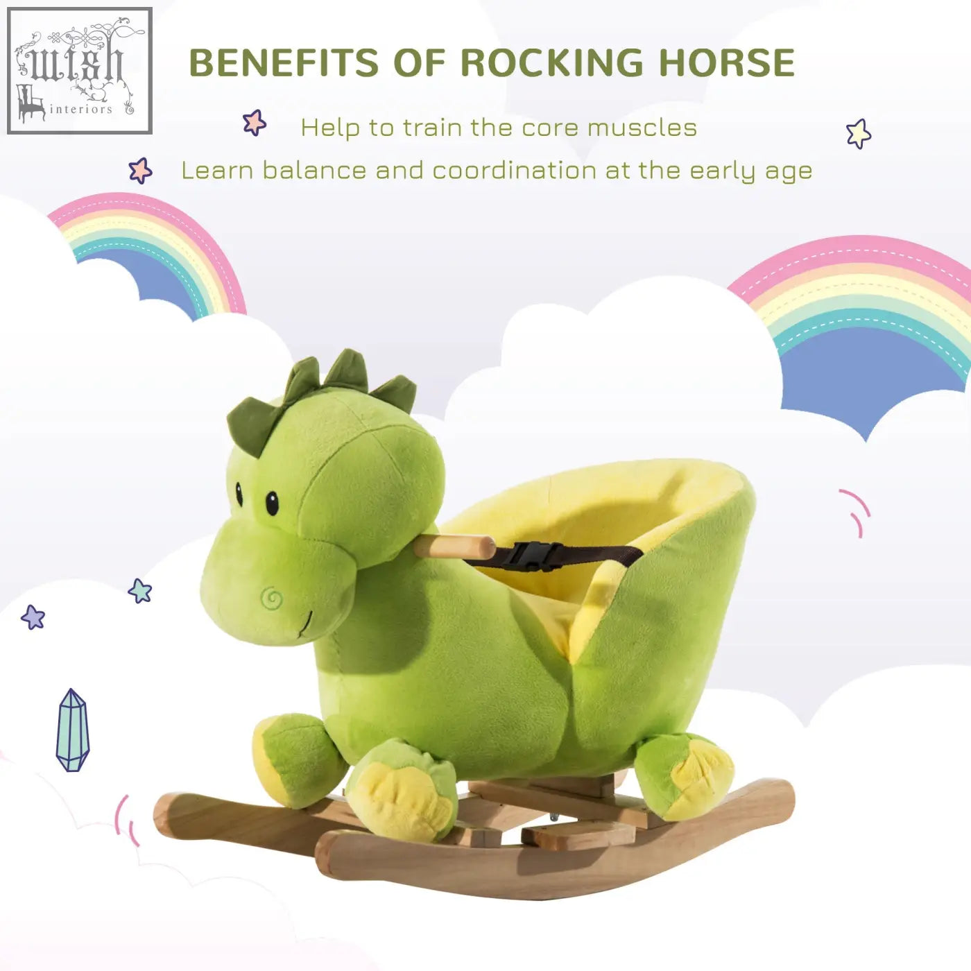 Green plush dinosaur kids rocking horse with yellow seat interior, wooden rocker base, and safety belt by HOMCOM