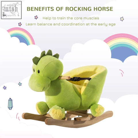 Green plush dinosaur kids rocking horse with yellow seat interior, wooden rocker base, and safety belt by HOMCOM