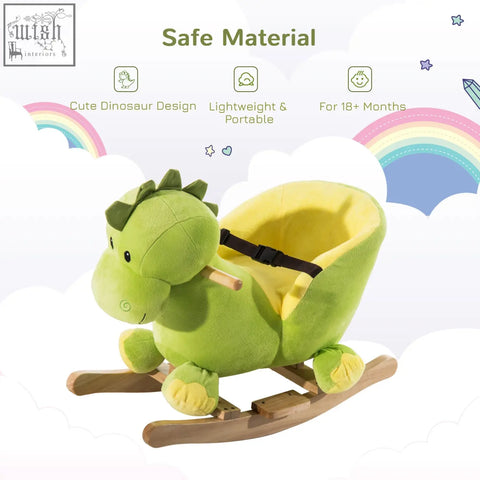 Green plush dinosaur kids rocking horse with yellow interior wooden rockers and safety belt by HOMCOM